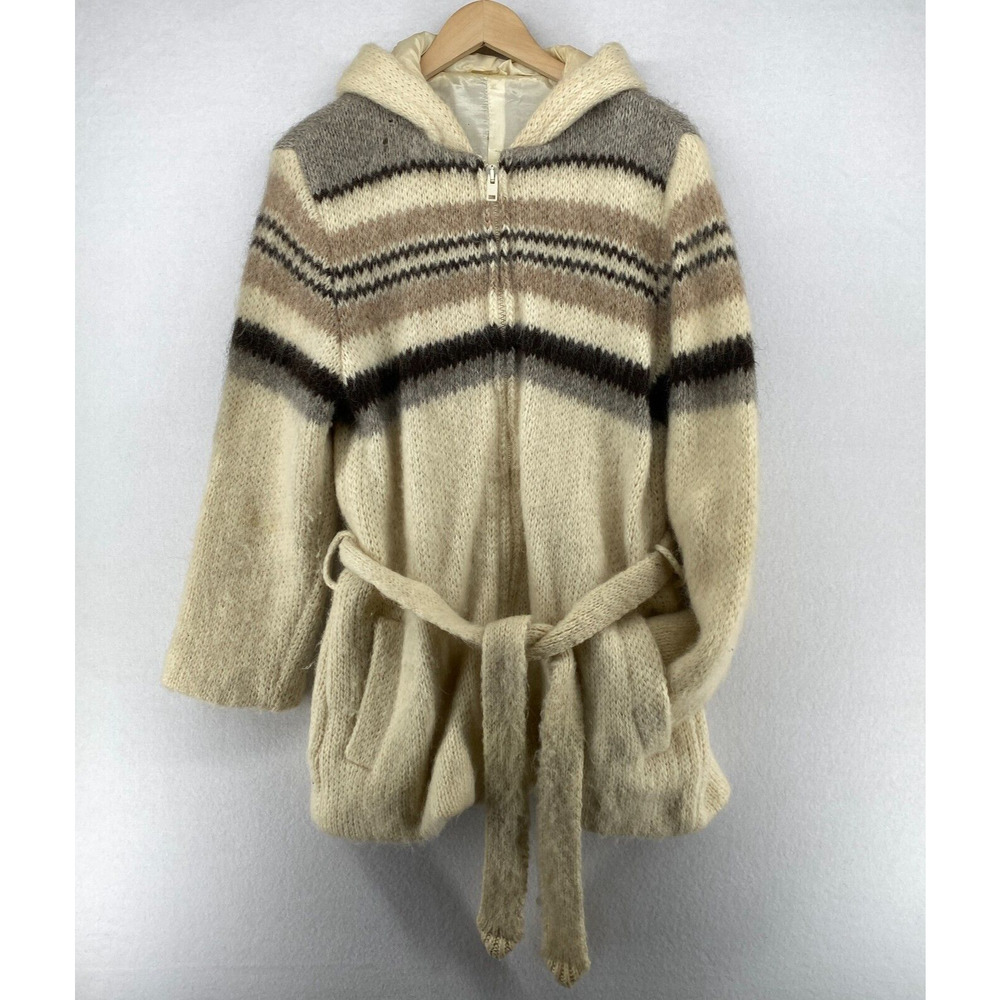 RUNOX Sweater Coat Womens 46 Pure New Wool SCANDINAVIAN Striped Hooded Beige Vtg